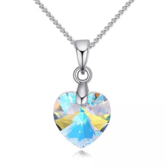 Iridescent Clear Crystal Heart Pendant 925 Silver Plated Handmade Necklace - Picture 1 of 3